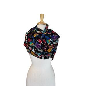 Vintage NICOLE MILLER Silk Makeup Perfume Print Scarf Black Multicolor 1991